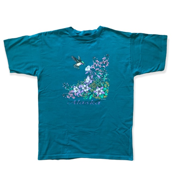 Vintage Short Sleeve T-Shirt Graphic Alaska with Flowers - Picture 1 of 8